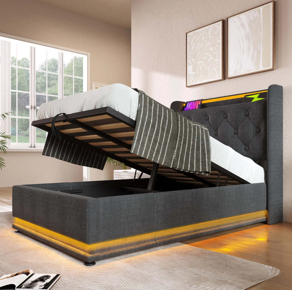 Letto singolo imbottito ULEVR 90x200 cm con contenitore idraulico, LED 360¡ã, USB e Type-C, lino grigio