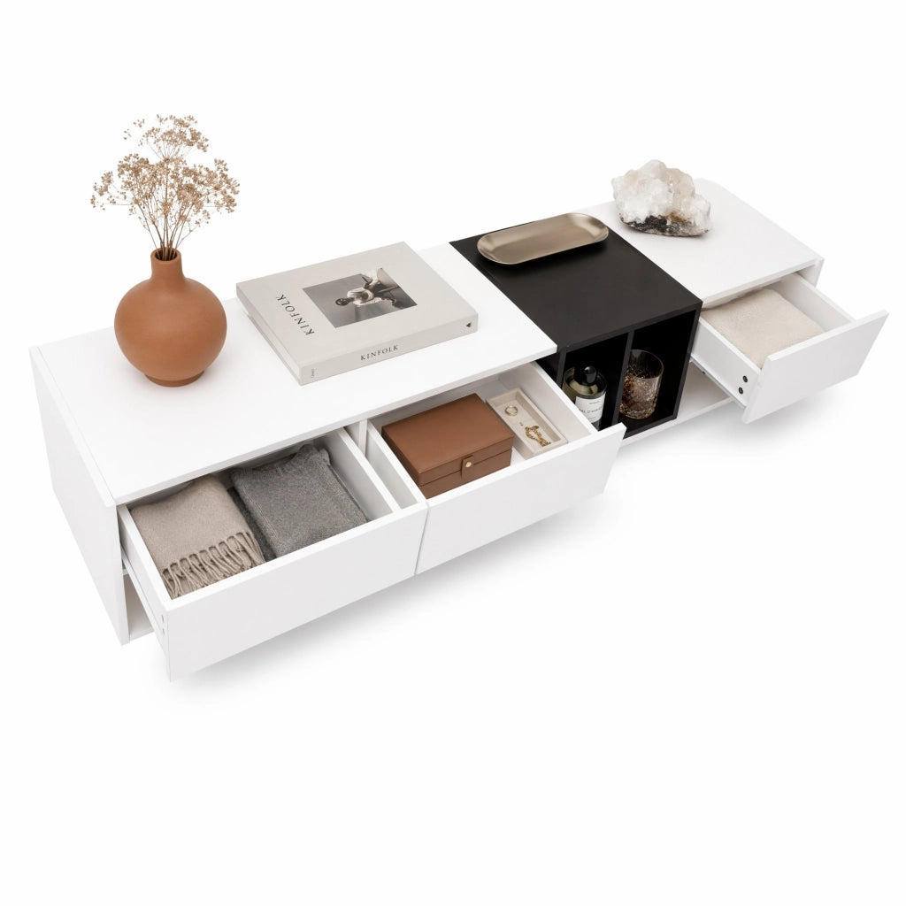 Mobile TV Lowboard in MDF con finitura lucida bianco e nero, 190x40x42 cm, con cassetti e scomparti