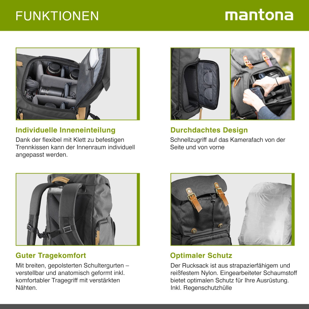 Mantona Luis Retro Zaino fotografico (con applicazioni in vera pelle, copertura antipioggia,per laptop, adatto per 1 fotocamera DSLR, 3 obiettivi e vari accessori fotografici) nero