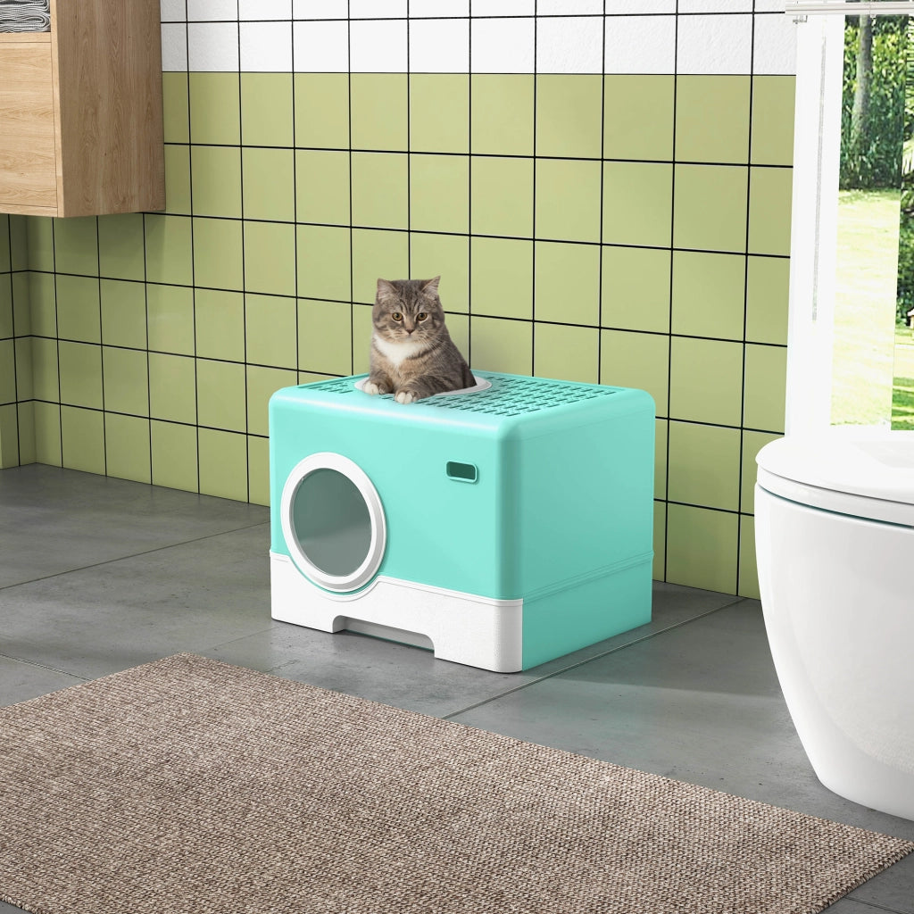 Lettiera per Gatti con Coperchio e Paletta, Doppio Ingresso e Vassoio Estraibile, 52x41x38.5 cm, Verde