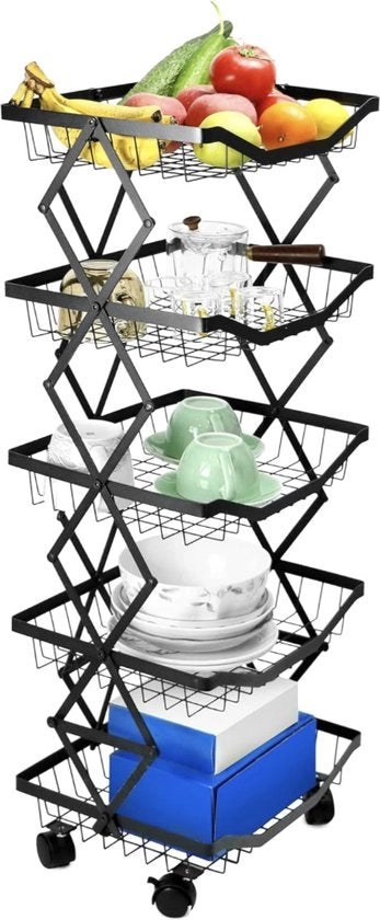 Trolley per cucina con 5 livelli, trolley pieghevole con ruote, per cucina, camera da letto, ufficio, bagno, capacità di carico 40 kg.