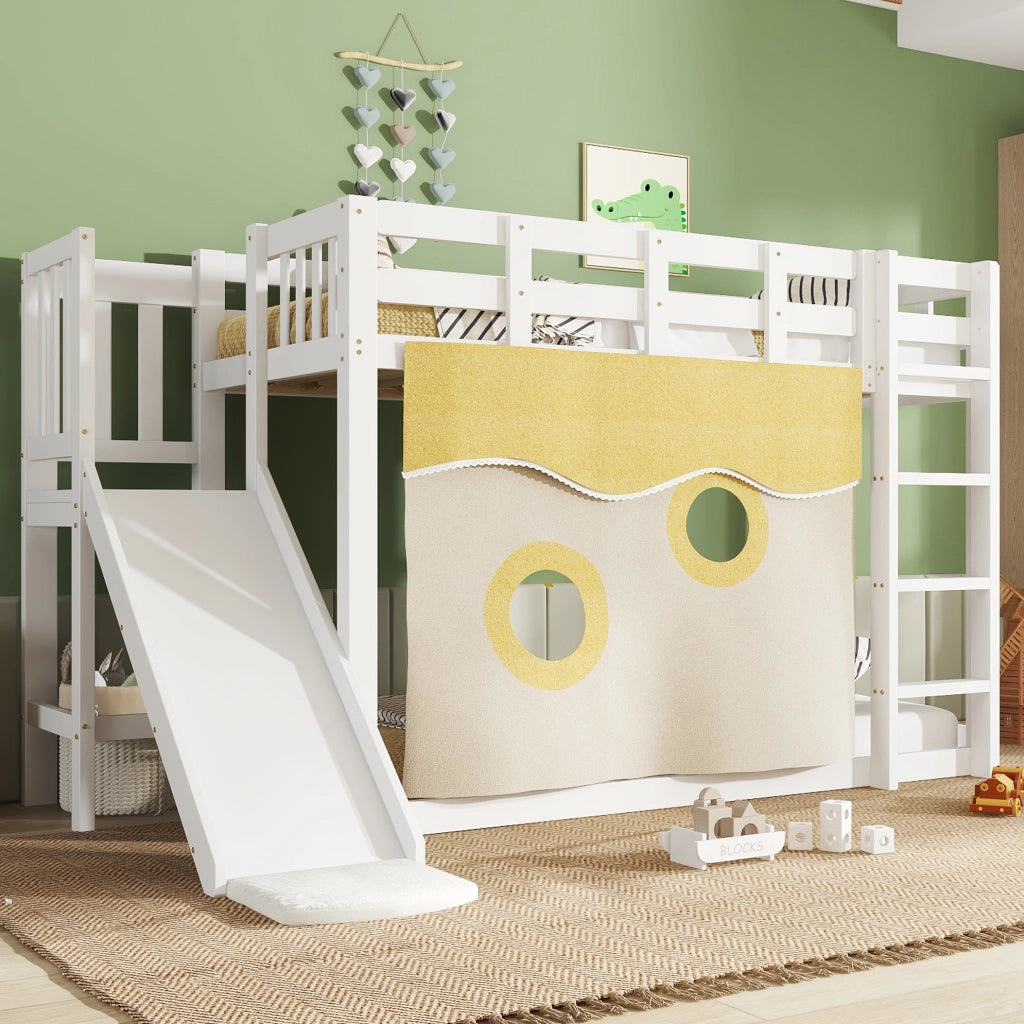 Letto a castello 90x200 cm con scivolo; scala e tendine in MDF e legno bianco