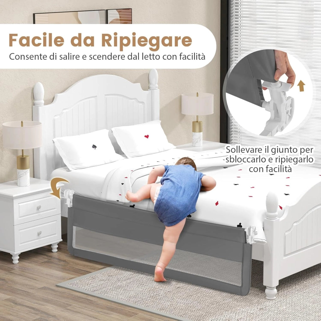 Sponda Letto per Bambini 180 cm, Barriera di Sicurezza per Bambini Pieghevole, Rete Traspirante, Sbarra da Letto per Letti Singoli e Matrimoniali