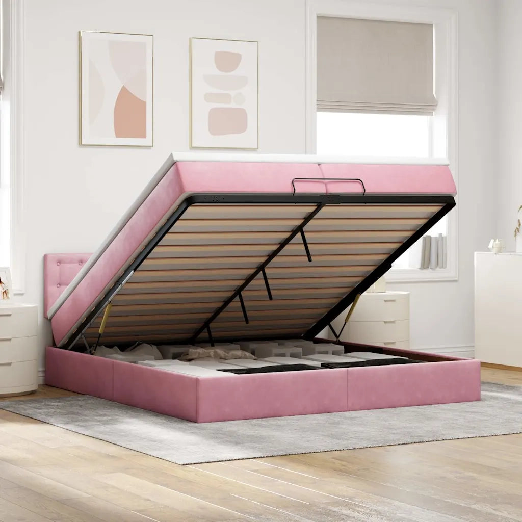 Struttura Letto Pouf con Materassi Rosa 200x200 cm Velluto