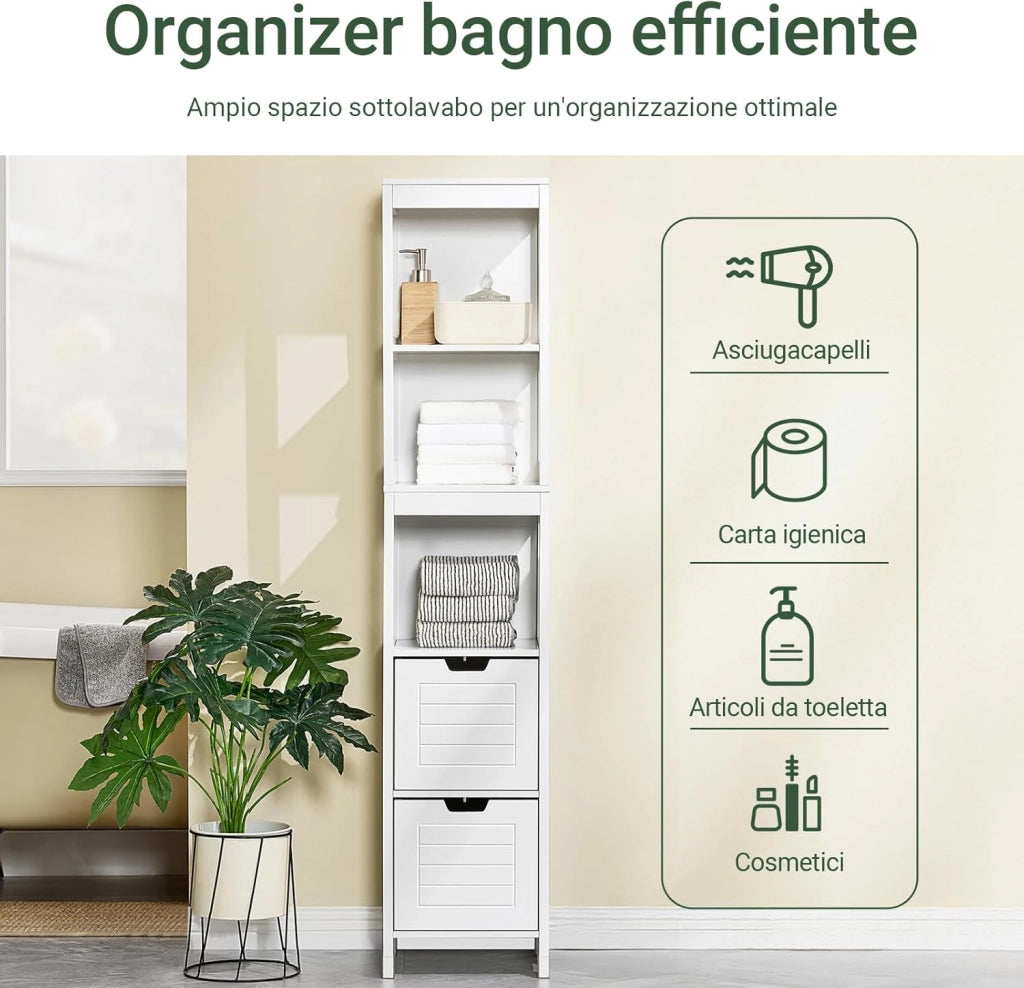 Mobile Bagno Salvaspazio Colonna Armadietto Verticale Slim con Ripiani Regolabili per Bagno Lavanderia Cucina Design Moderno Bianco Anti-Umidità 30x30x144cm FRG126-W