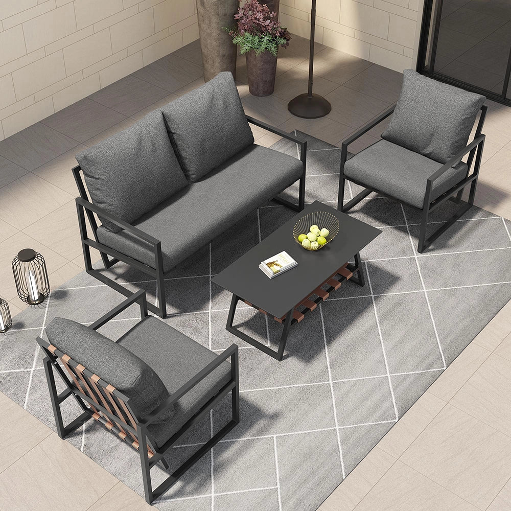 Set giardino - Xylo - 4 posti con divano+tavolo+cuscini lavabili nero