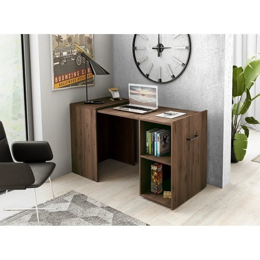 Scrivania pieghevole FLIP – Rovere scuro – Scrivania estensibile con spazi di archiviazione per piccoli spazi