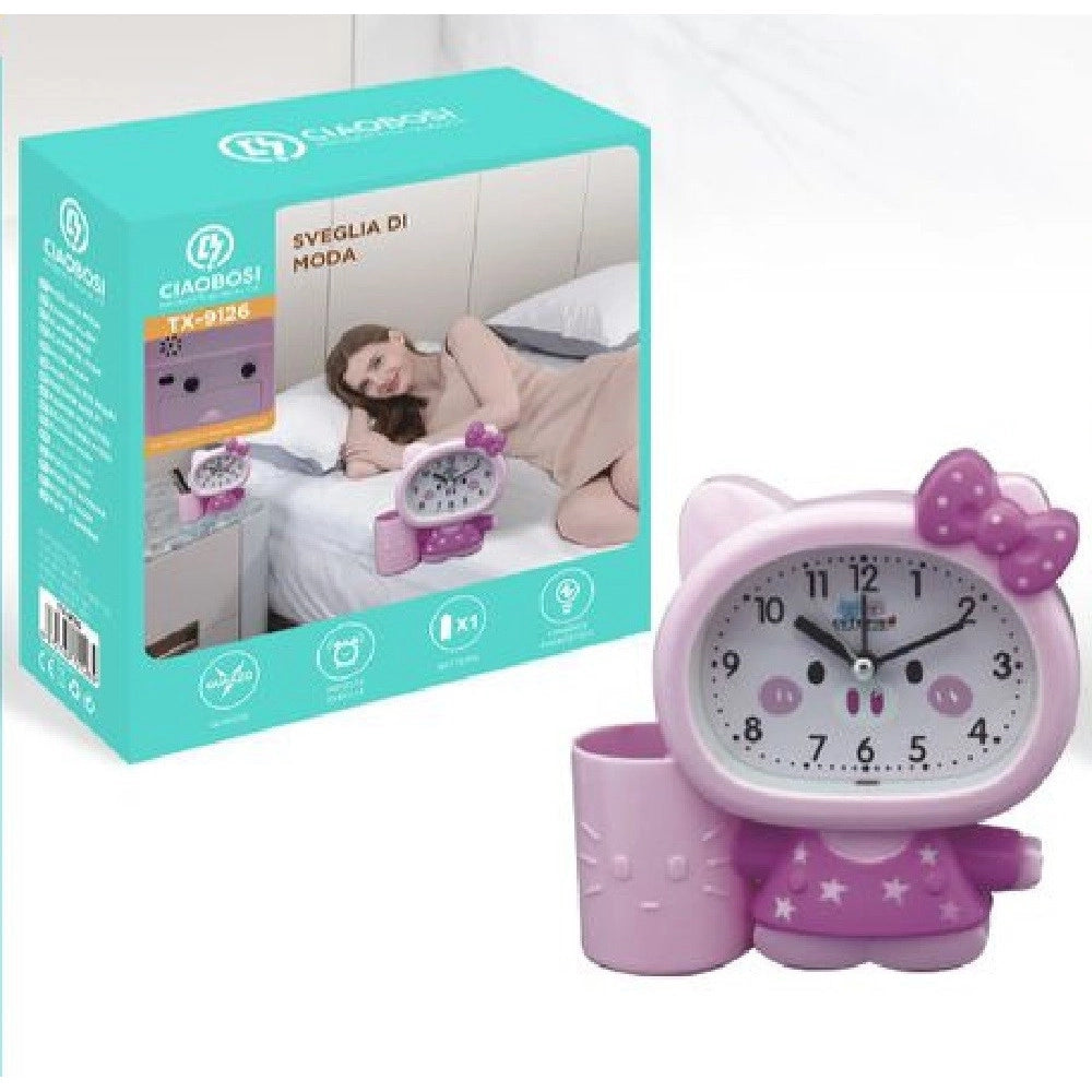 Trade Shop - Orologio Analogico Sveglia A Forma Di Gattino Da Tavolo Con Portapenne Tx-9126 -