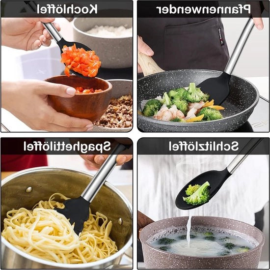 Set di utensili per la cucina in silicone con maniglia in acciaio inossidabile, rivestimento antiaderente, termoresistente, facile da pulire - nero.