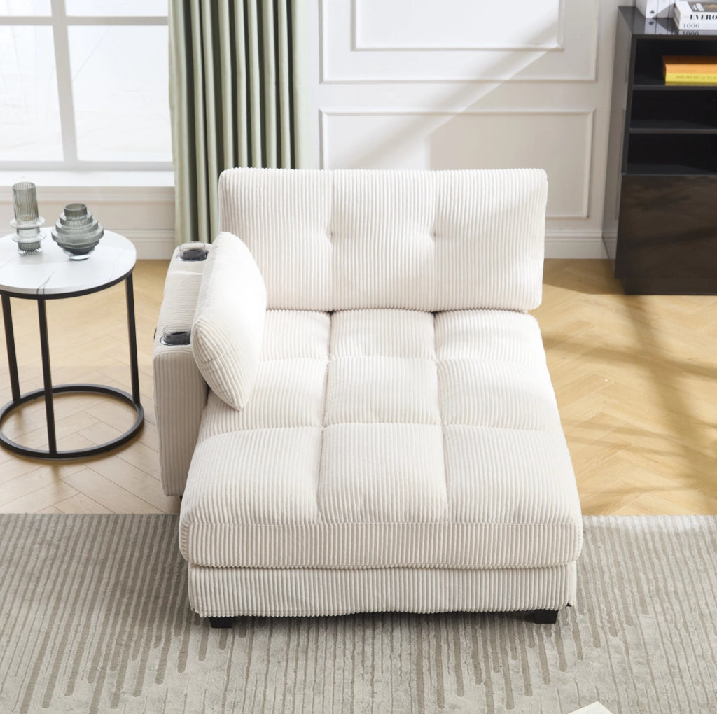Poltrona relax 140x112x81 cm in tessuto beige con portabicchieri e tasca laterale