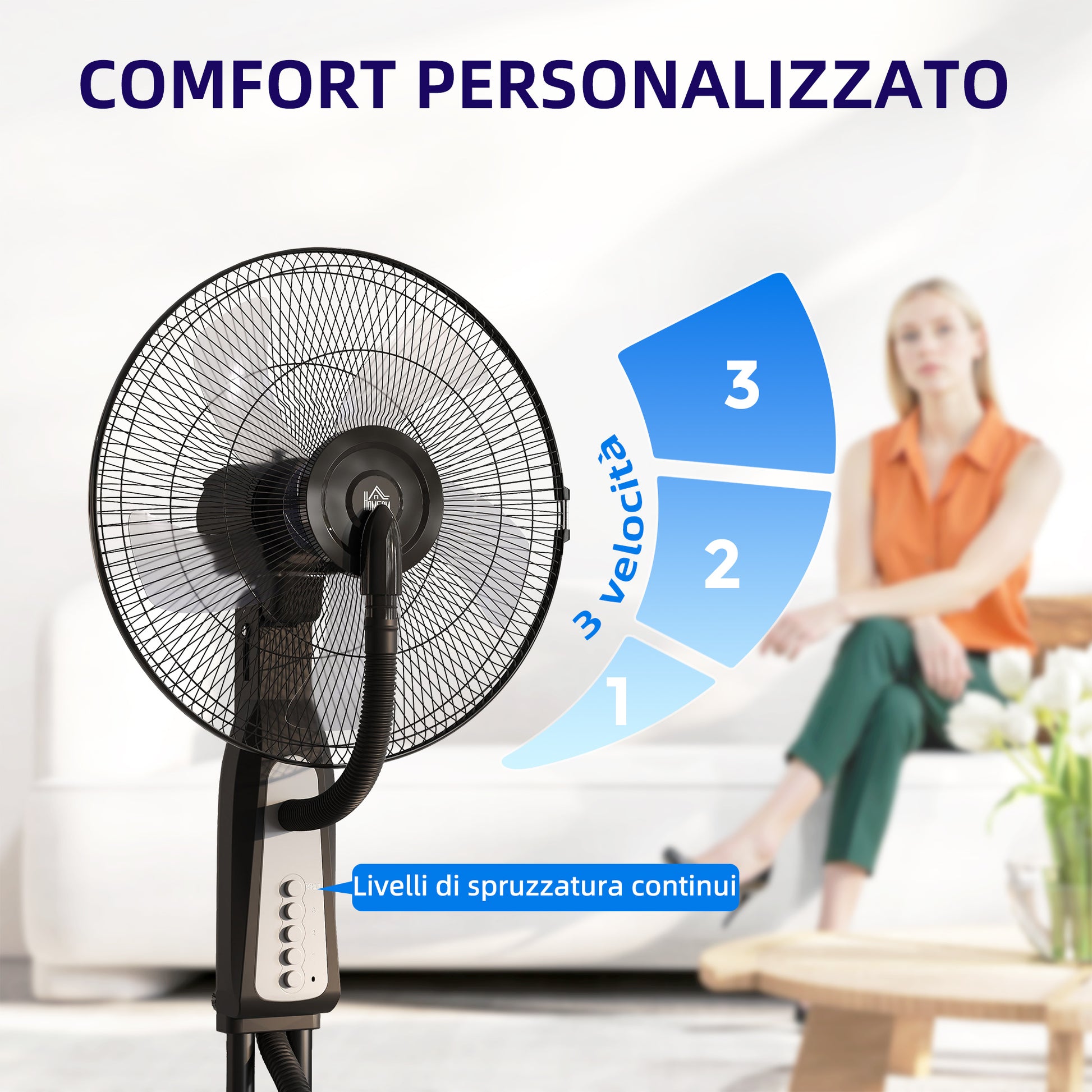 Ventilatore Nebulizzatore Regolabile a 3 Velocità con Oscillazione 75° in Metallo e Plastica Nero