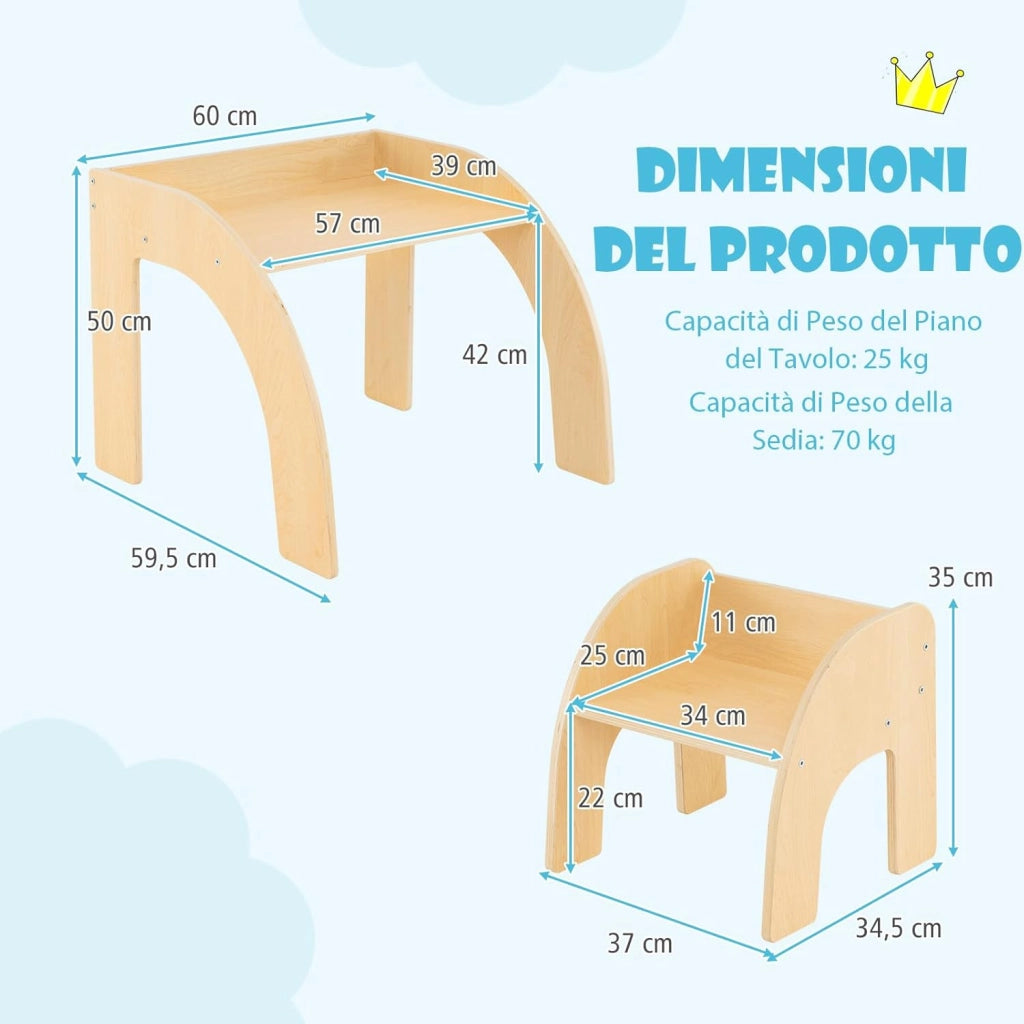 Set Tavolo e Sedie per Bambini 3+ Anni, Tavolino Legno con Sedie per Cameretta con Bordo Curvato e Ampio Piano, Mobile Salvaspazio per Camera da Letto, Soggiorno e Asilo (Naturale)