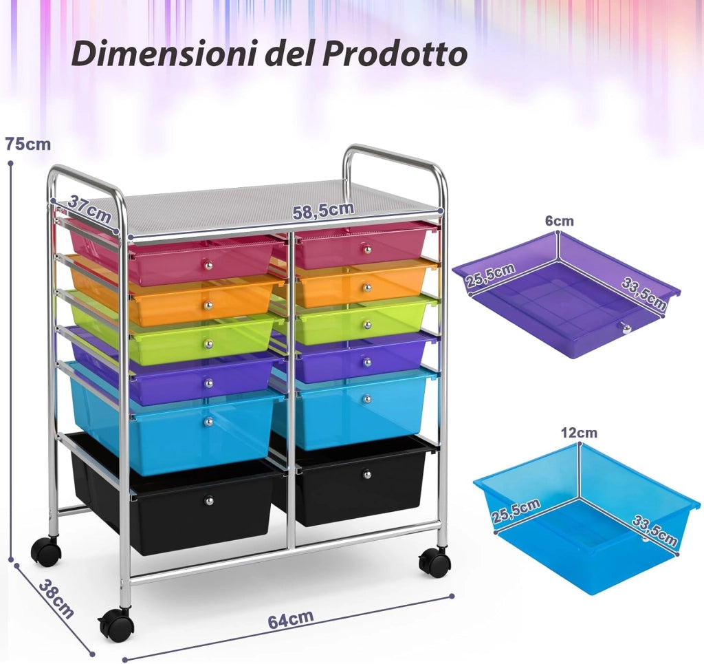 Carrello con 12 Cassetti con Ruote, Carrello di Stoccaggio Multiuso con Ampio Spazio di Archiviazione, Ideale per Casa Ufficio Domestico, 73,5 x 37 x 63 cm (Colorato trasparente)