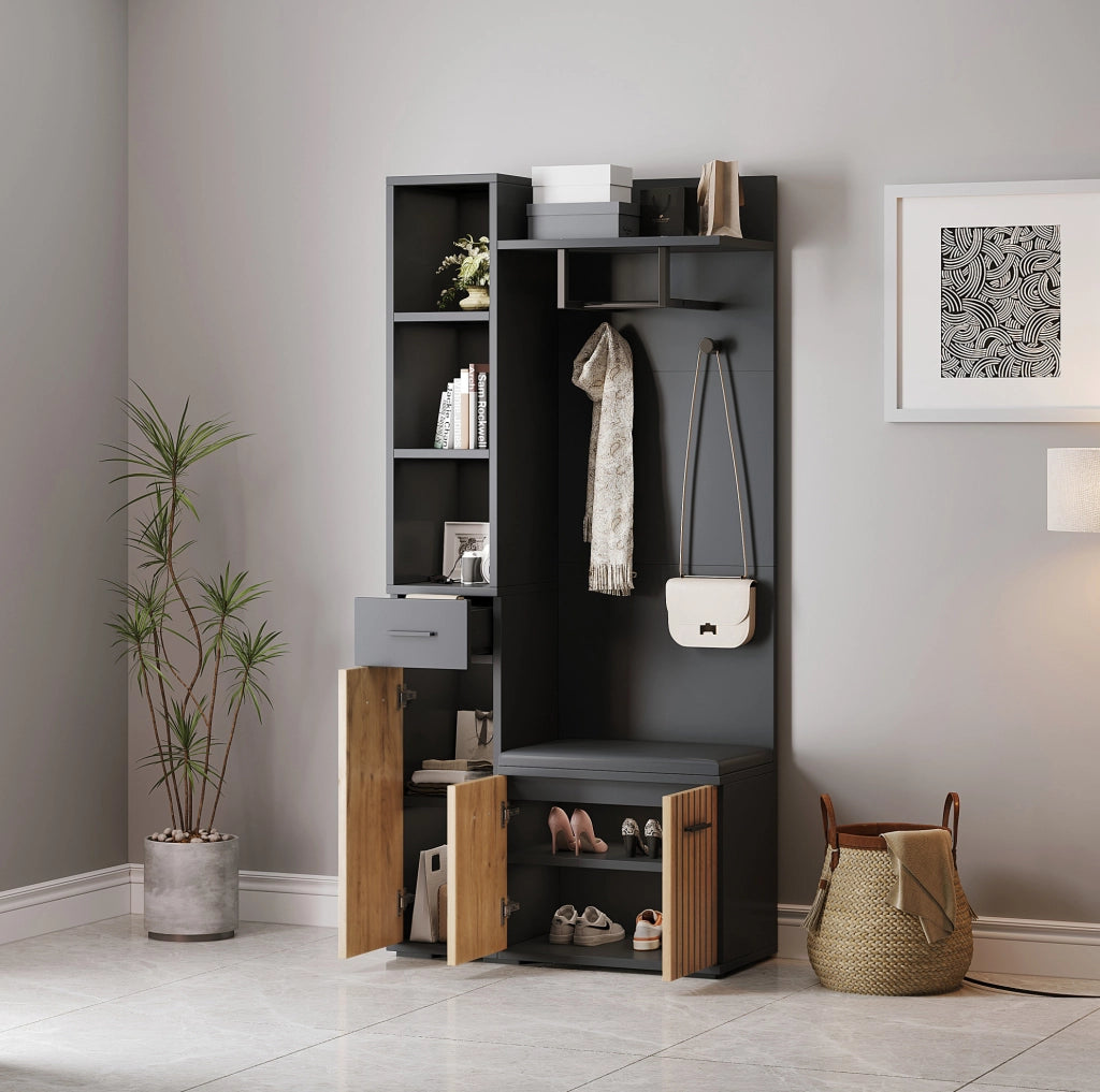Mobile ingresso multifunzione 80 x 35 x 175 cm con 2 armadi; 1 cassetto; nero e legno naturale
