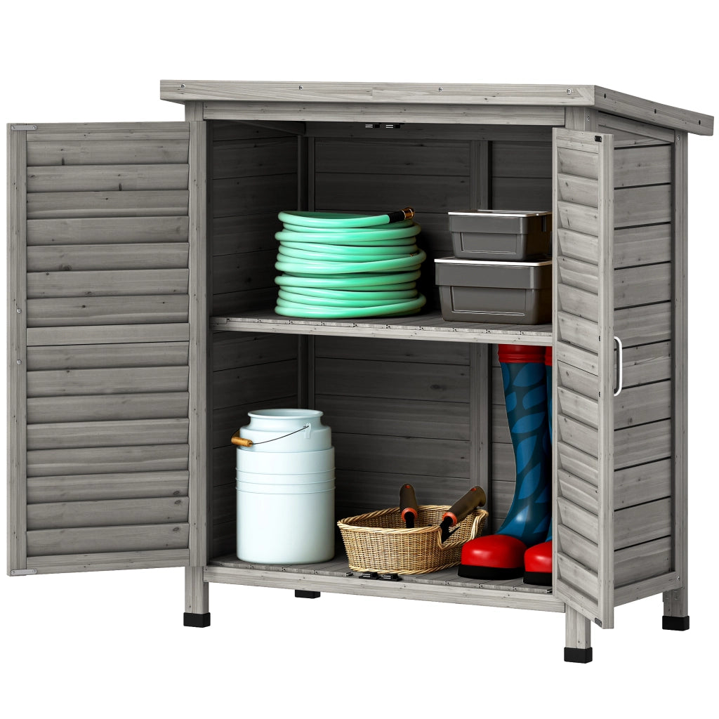Armadio da Giardino in Legno di Abete con Porte a Persiana e 2 Ripiani, 87x46.5x96.5cm, Grigio