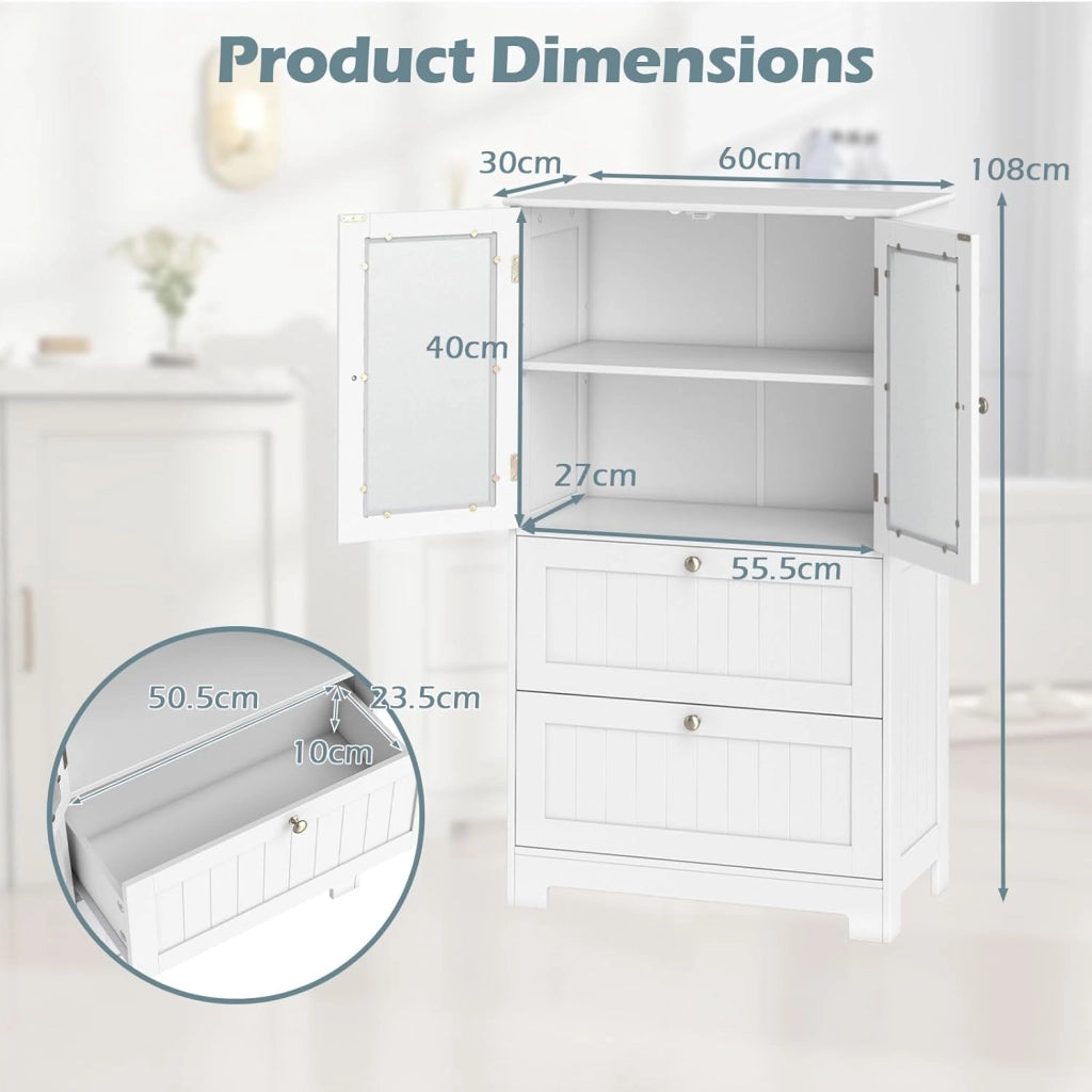 Armadietto da bagno con ante in vetro e ripiano regolabile, per bagno, cucina e soggiorno, 60 x 30 x 108 cm (2 cassetti + 1 armadio, bianco)