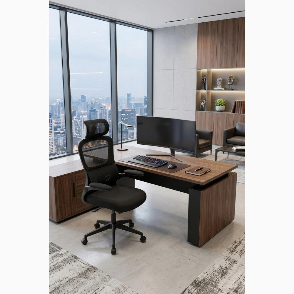 Sedia da Scrivania Ufficio ergonomica Con Poggiatesta imbottita Schienale a rete Nera BUDAPEST