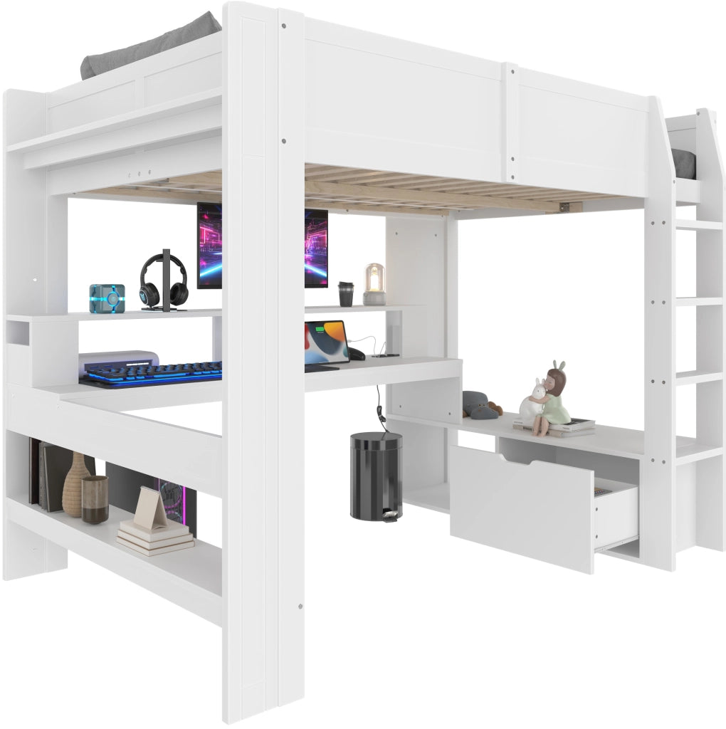 Letto a soppalco 140x200 cm con scrivania, LED e contenitori