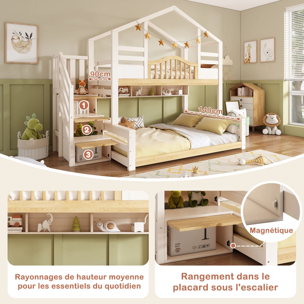 Letto a castello per bambini stile cabana con scala e ripiani LEMONMAX; 90x200 e 140x200 cm; bianco e naturale