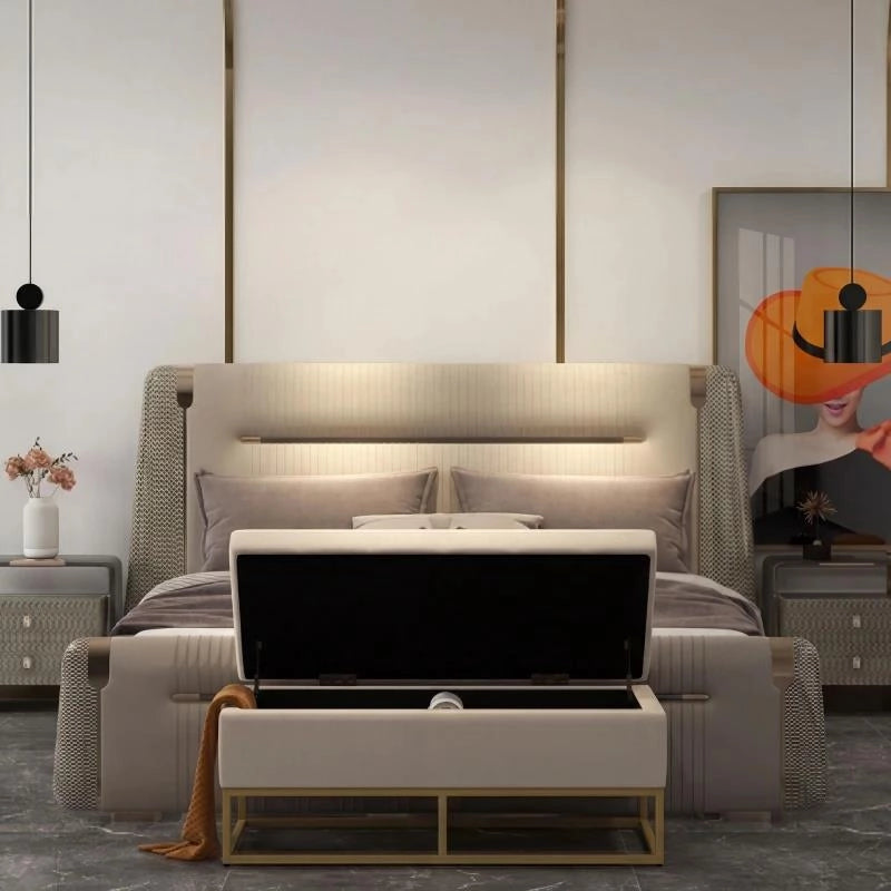 PANCA CONTENITORE RETTANGOLARE CON SEDUTA IMBOTTITA E GAMBE IN ACCIAIO, 110X44X49 CM, BEIGE