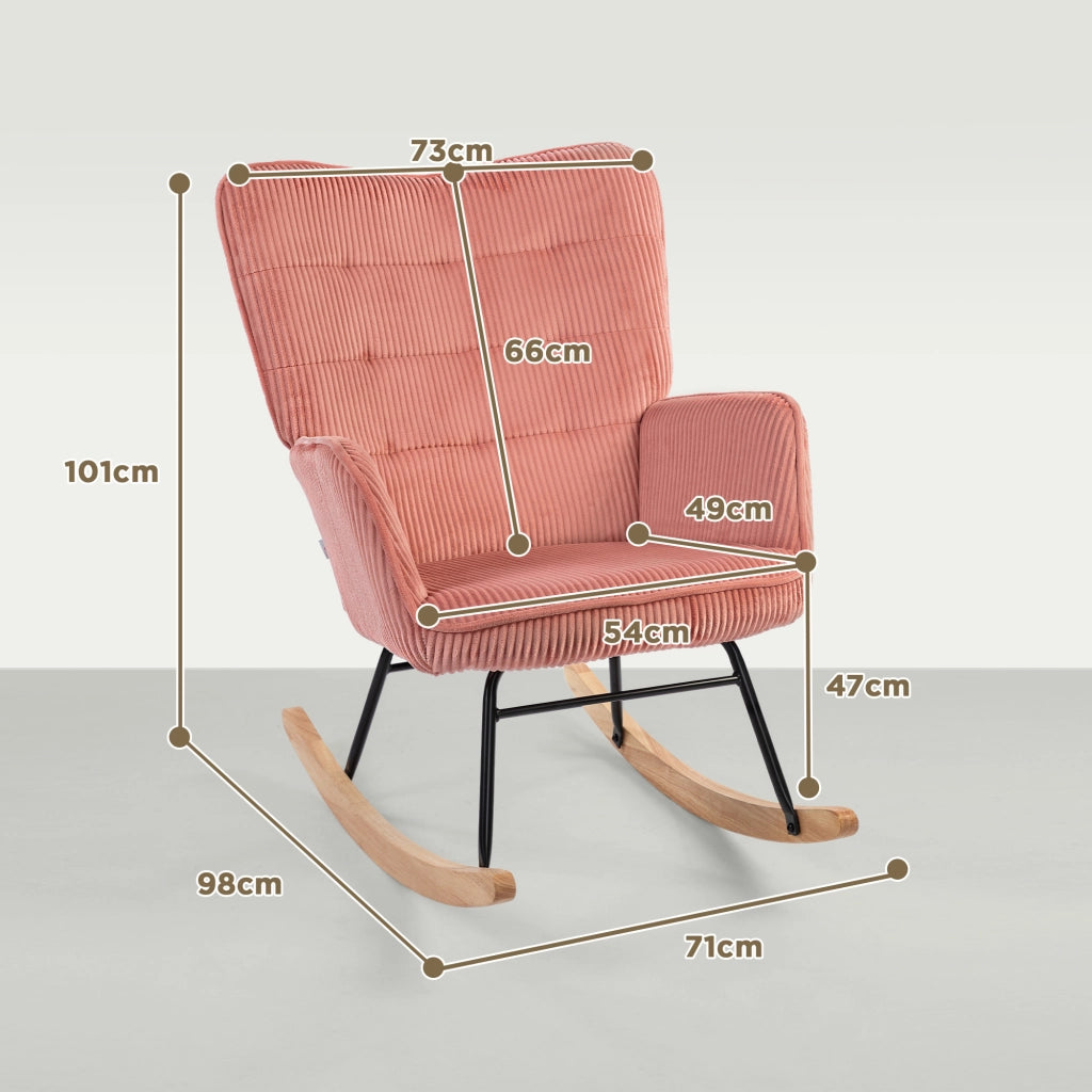 Poltrona a dondolo con braccioli e base in legno, in poliestere effetto corda rosa 98 × 71 × 101 cm