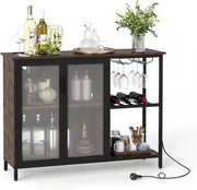 Mobiletto Bar per Vino con Prese di Corrente e Luci LED, Mobile Bar da Terra per Caffè con Portabottiglie e Portabicchieri, Credenza Buffet per Liquori per Cucina, Sala da Pranzo e Soggiorno