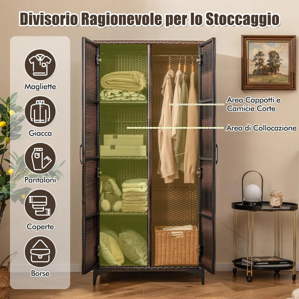 Armadio in Vimini con 2 Ante, Armadio Guardaroba in Rattan PE con Asta Appendiabiti e 4 Cubi di Stoccaggio, per Soggiorno, Camera da Letto e Patio, 72 x 50 x 157 cm (Maronne)