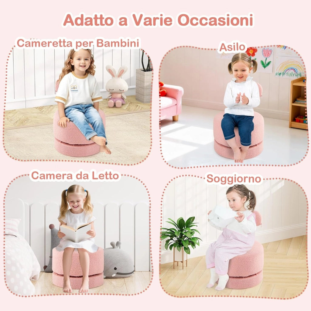 Set di 2 Poltrone Girevoli a 360° per Bambini, Divani per Bambini in Velluto con Schienale a Fiocco, Seduta Imbottita e Piedini Antigraffio, Sedie Rotonde per Sala Giochi e Cameretta