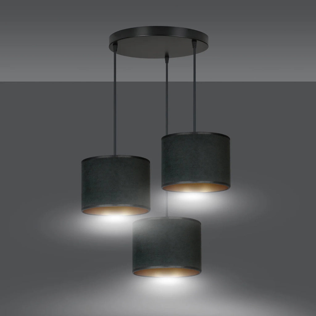 Lampadario Tondo 3 Luci Ganesha In Acciaio Nero E Paralumi In Tessuto Nero