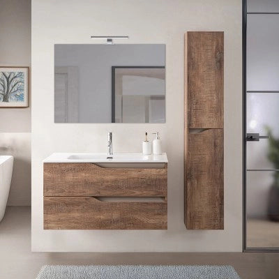 Mobile bagno sospeso 100cm tabacco e tortora con pensile e lavabo Sumya
