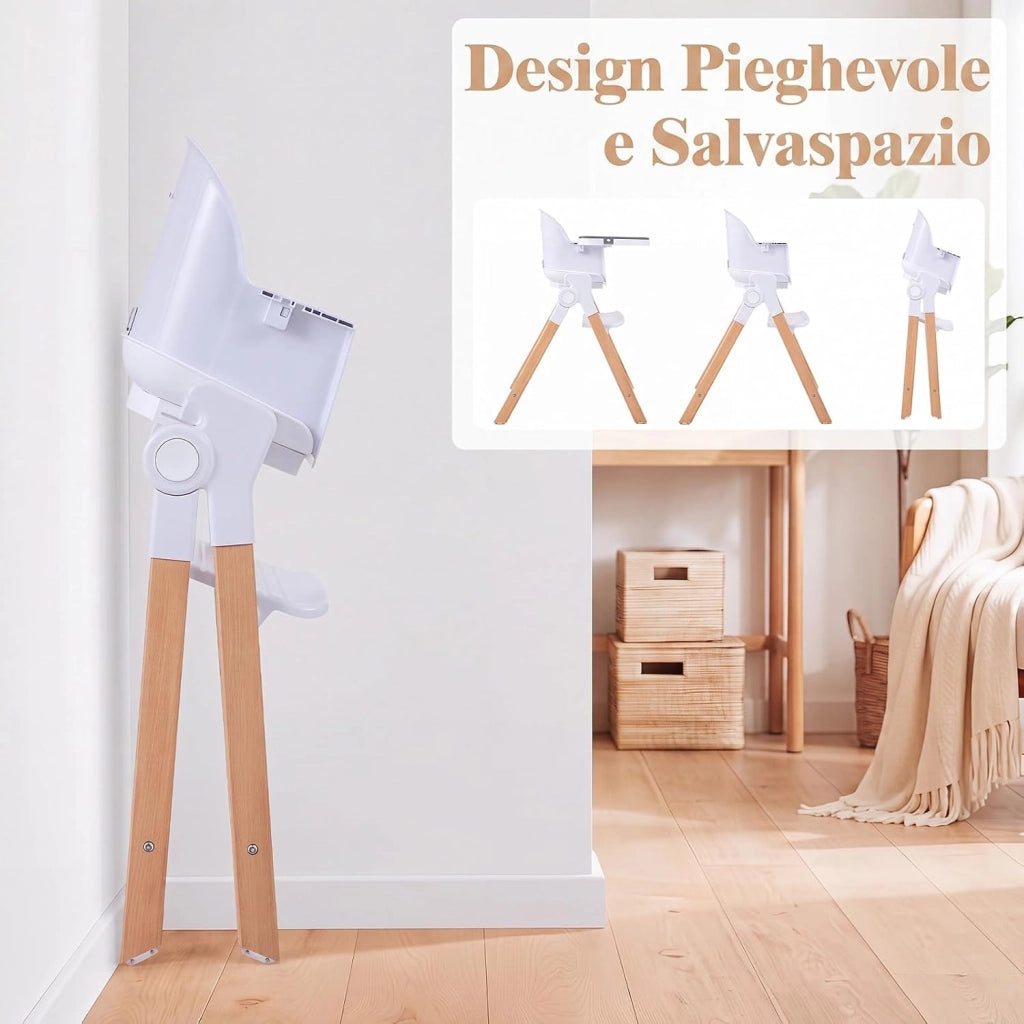 Seggiolone Pappa Pieghevole 4 in 1 con Cuscino di Seduta (Grigio) | Seggiolone per Neonati 6-36 Mesi con Vassoi Rimovibili, Portabicchieri, Cintura di Sicurezza e Gambe in Legno