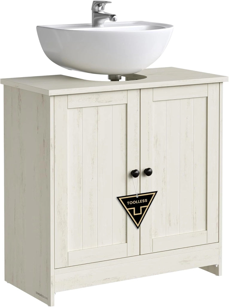 Mobile Sottolavabo da Bagno, Montaggio Rapido Senza Attrezzi Toolless, Mobiletto con Ripiano Regolabile per Lavabo senza Colonna, Bianco Vintage BBC222WJ01