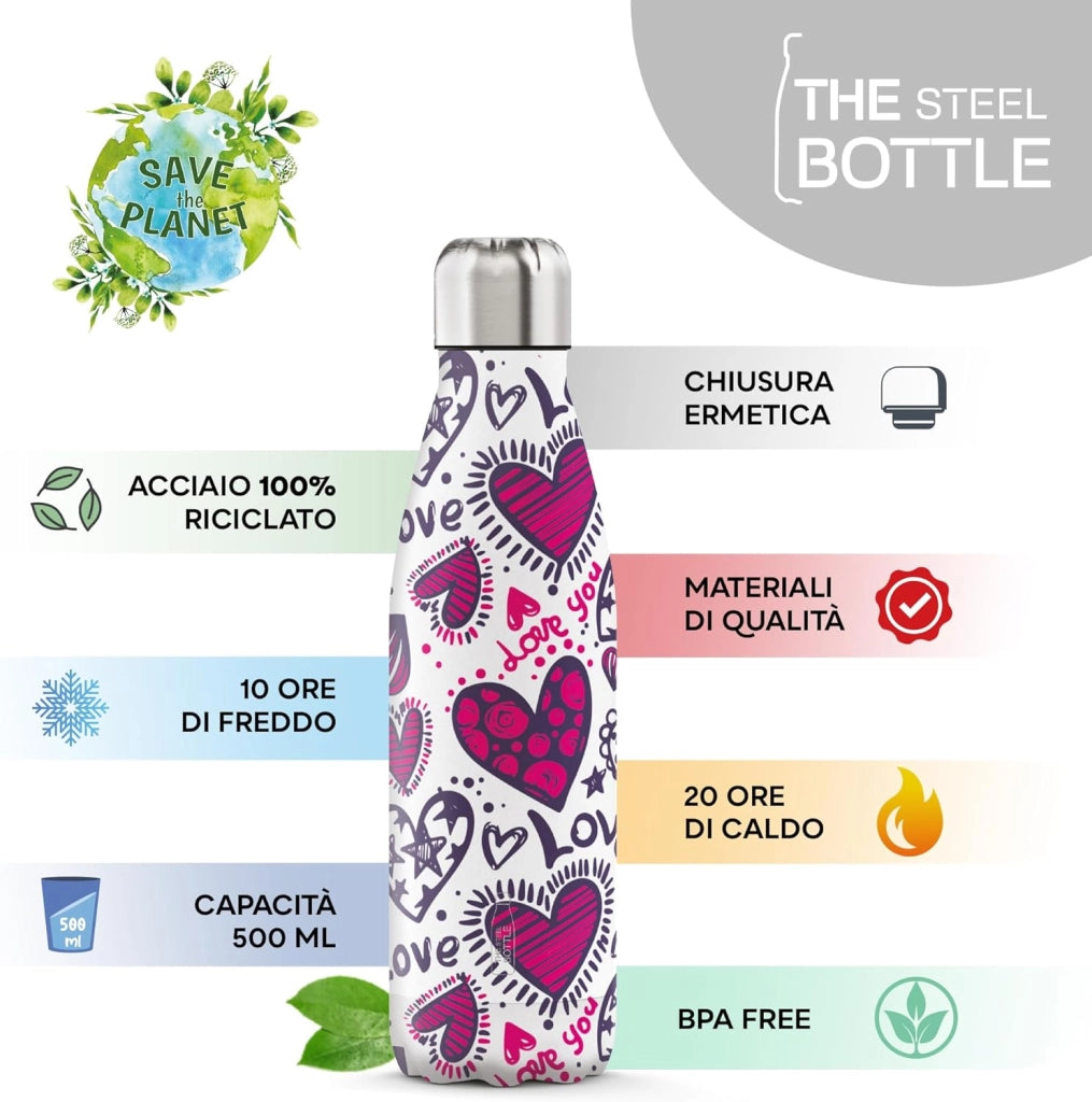 The Steel Bottle Bottiglia termica in Acciaio Inox Capacità 500 ml Chiusura Ermetica - Love