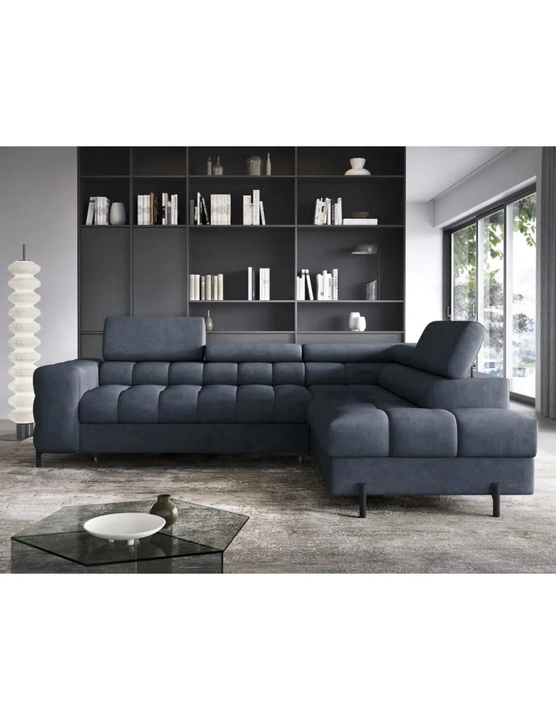 Divano letto Blu scuro FERRUM 5 posti angolo destro grande formato 276x93x200cm