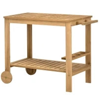 Carrello da Giardino per Barbecue in Legno con Maniglia, 2 Ripiani e Porta Bottiglie, 95 x 47 x 74 cm, Legno naturale
