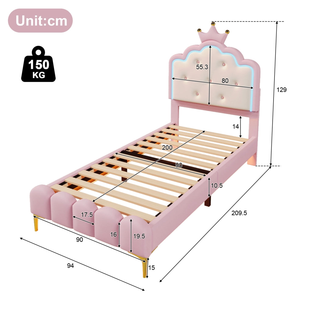 Letto singolo a corona 90x200 cm con luce LED; PU rosa