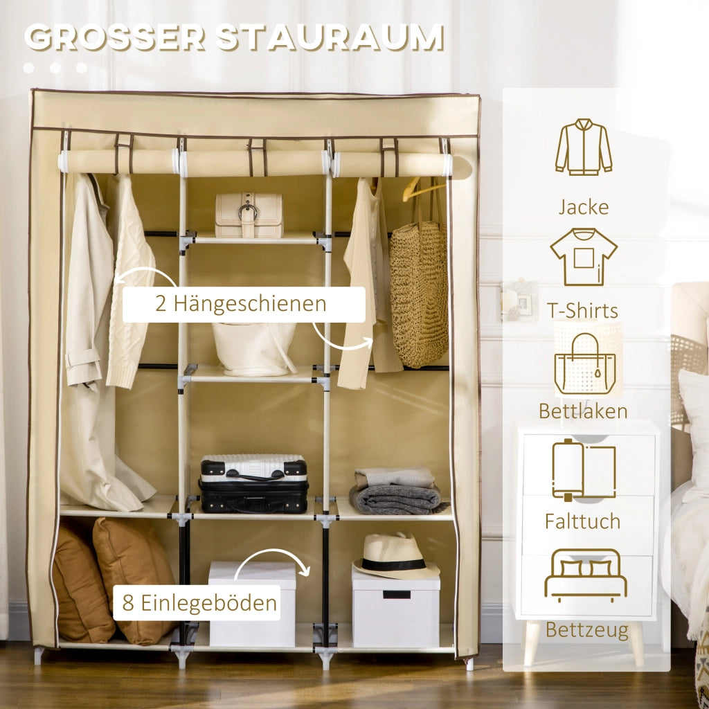 Armadio in tessuto con 8 ripiani e 2 barre appendiabiti, beige, 125x43x162,5 cm