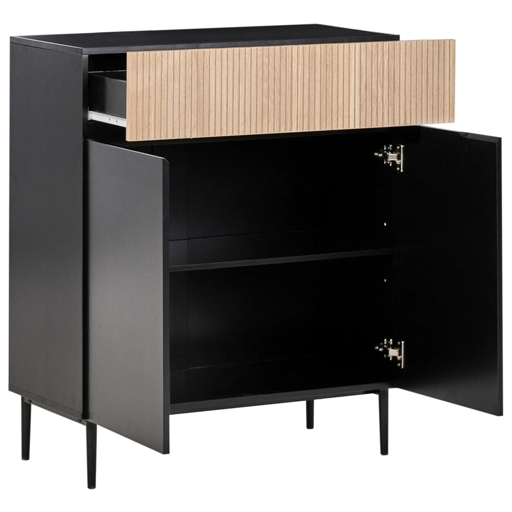 Credenza a 3 ante in MDF nero e legno di frassino naturale, con frontale a coste, 2 ripiani e un cassetto Soggiorno moderno
