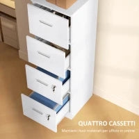 Armadio per Ufficio a 4 Cassetti con 2 Serrature e Barra Portadocumenti, in Legno, 40x42x130.8 cm, Bianco