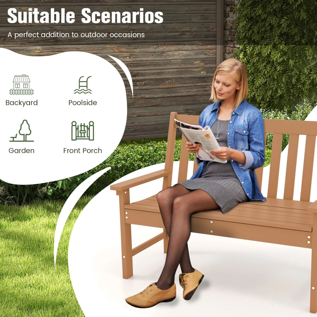 GIANTEX Panca da giardino per 2 persone, panca da parco in plastica con schienale alto, panca da esterno, resistente alle intemperie, per giardino, patio, terrazza, 132 x 65 x 91 cm