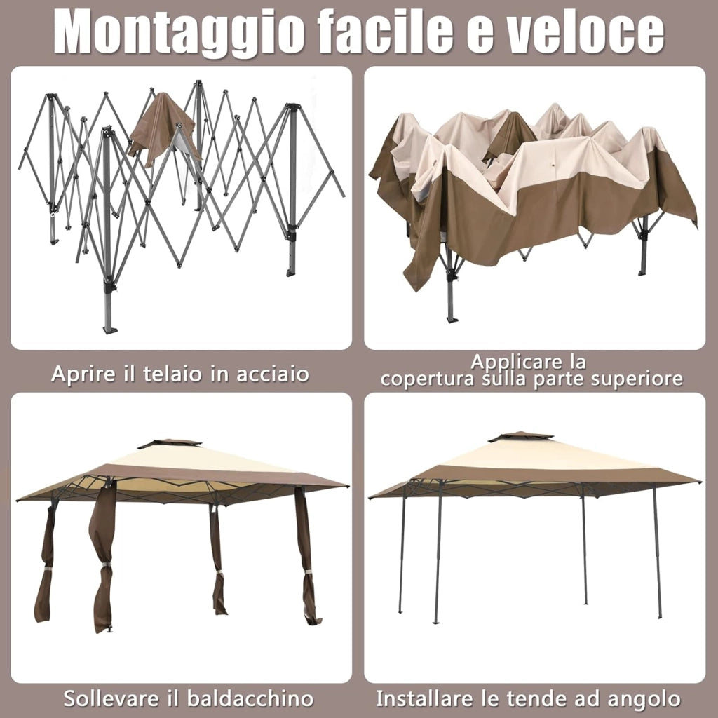 Gazebo da Giardino 395 x 395 cm Pop Up, Gazebo Pieghevole con Doppio Tetto e 3 Altezze Regolabili, con Borsa,Tessuto Oxford, Impermeabile, per Feste, Barbecue, Giardino, Spiaggia (Marrone)