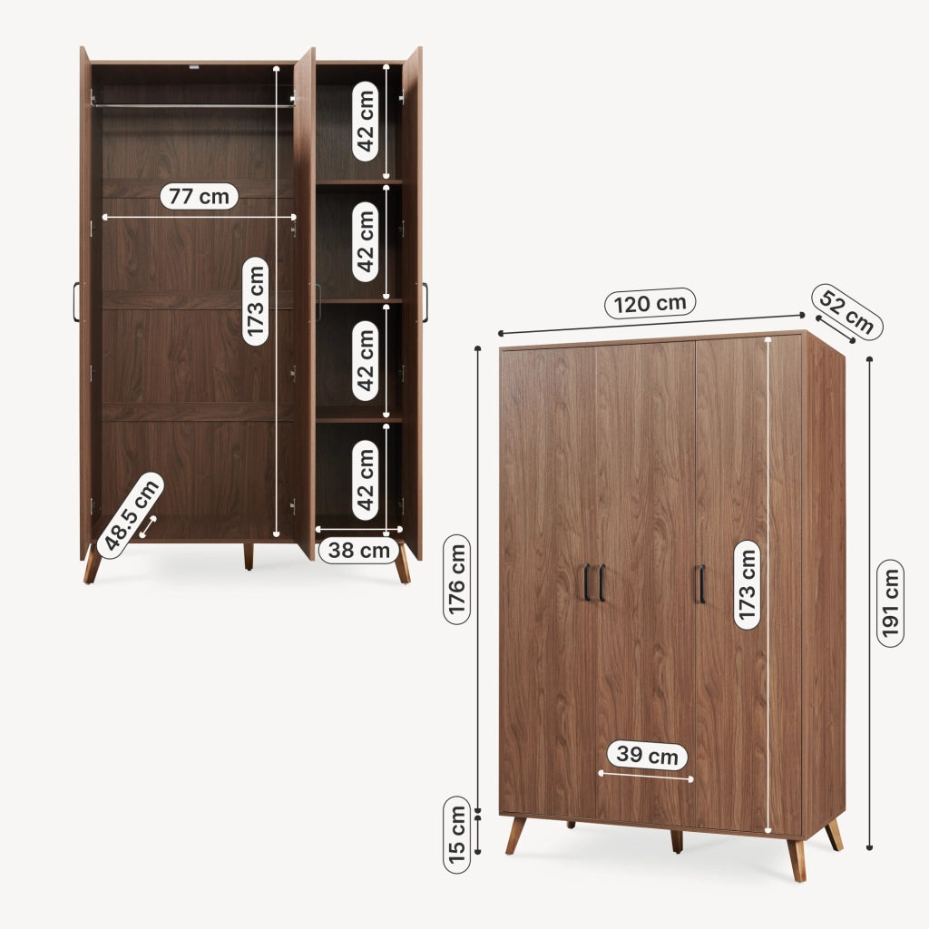 Armadio Guardaroba Norg con 3 Ante e 4 Scomparti 191x120x52 cm - Effetto Noce [en.casa]