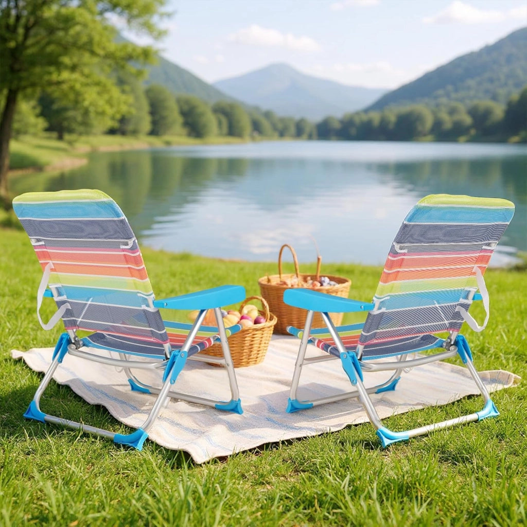 Set di 2 Sedie da Spiaggia Pieghevoli, Spiaggina con Schienale Regolabile in 5 Posizioni, Sdraio Reclinabile con Cinghia di Trasporto, Lettino Prendisole, Carico 150kg, Colorato (Medio)