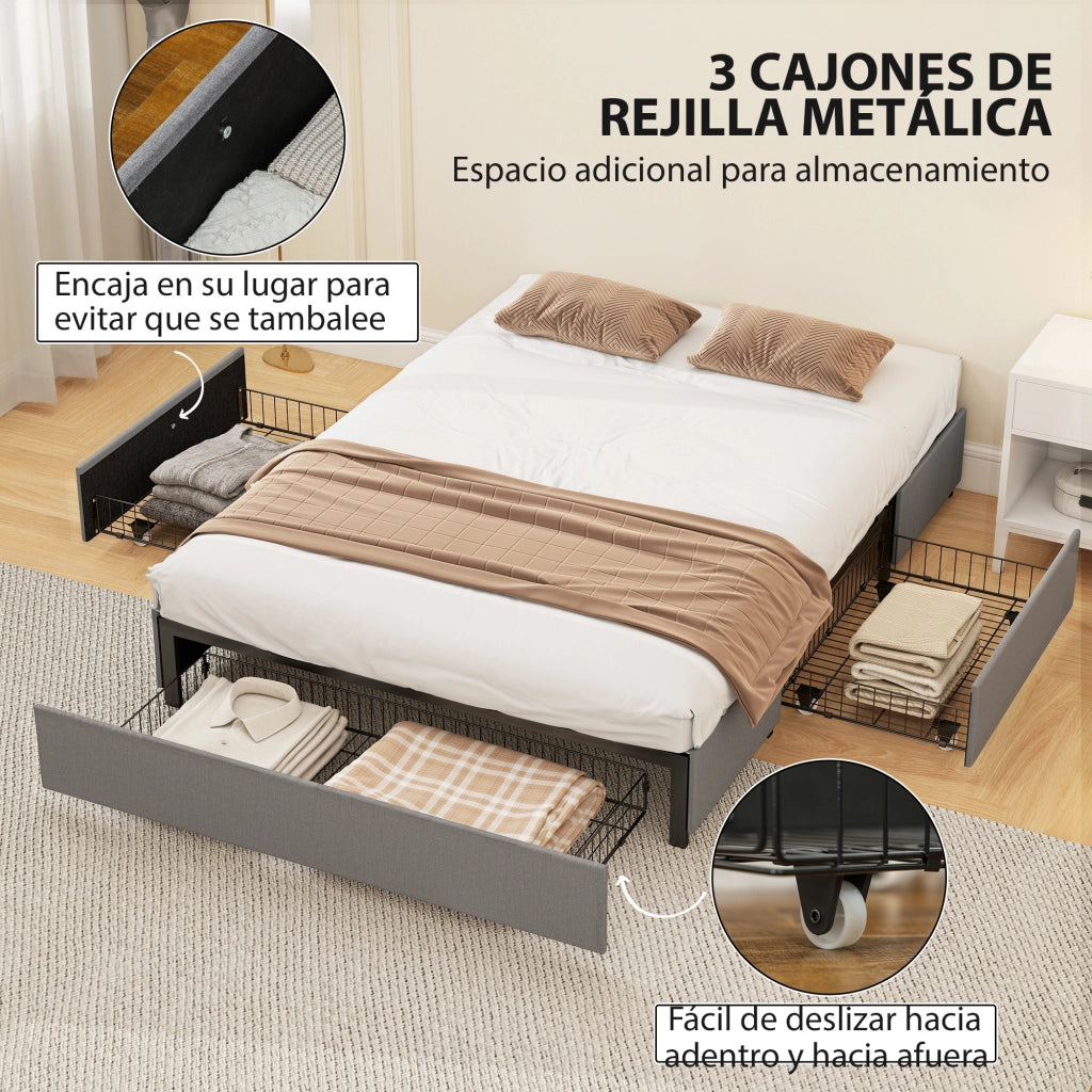 Letto Matrimoniale 140x190 cm con Cassetti e Struttura in Metallo ¨C Zephmum ¨C Grigio