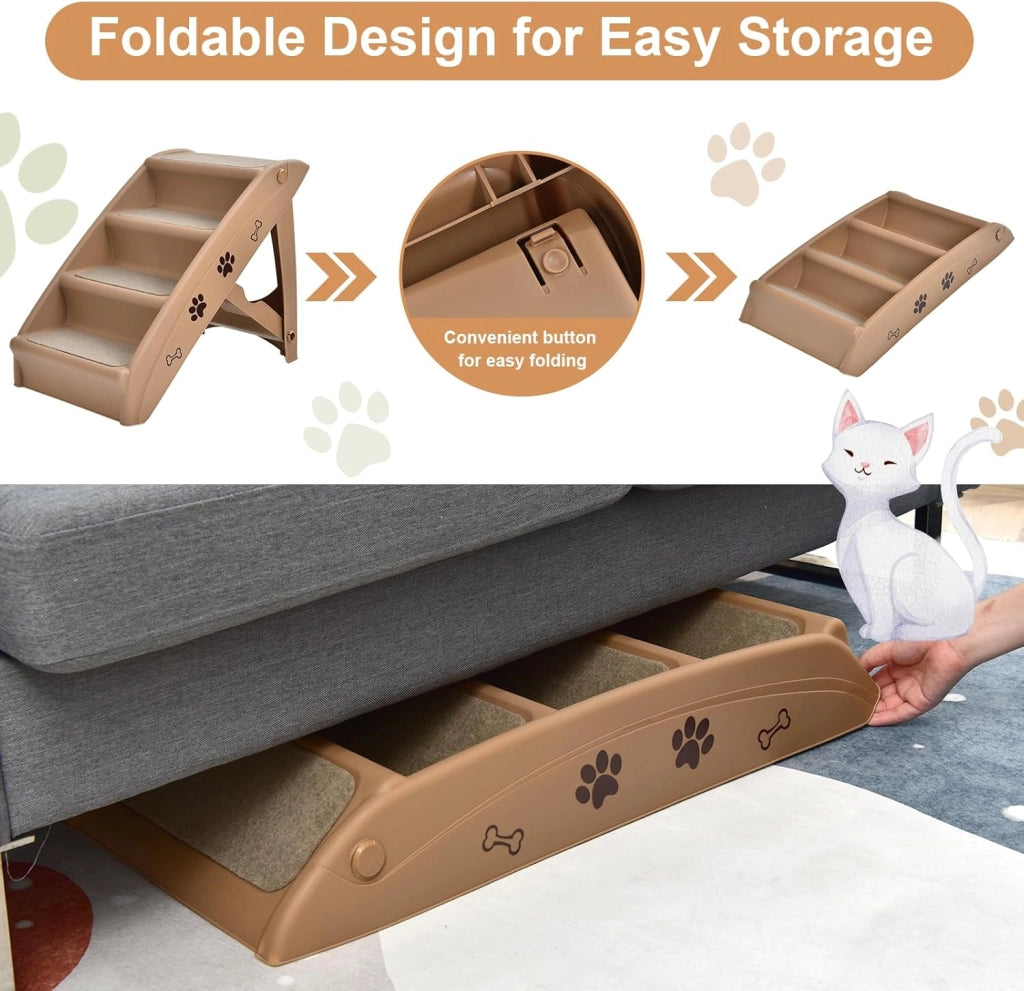 Scala per cani e gatti pieghevole, con tappetino in feltro, carico fino a 60 kg, rampa antiscivolo per cani e gatti per letto, auto, divano (marrone, 65 x 55 x 50 cm, 4)