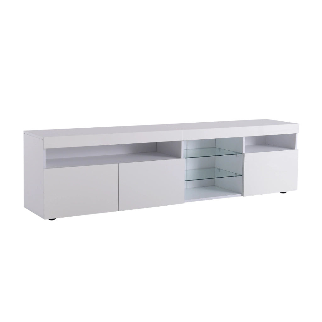 Mobile TV moderno bianco lucido 180 cm con LED variabile e ante in vetro laminato
