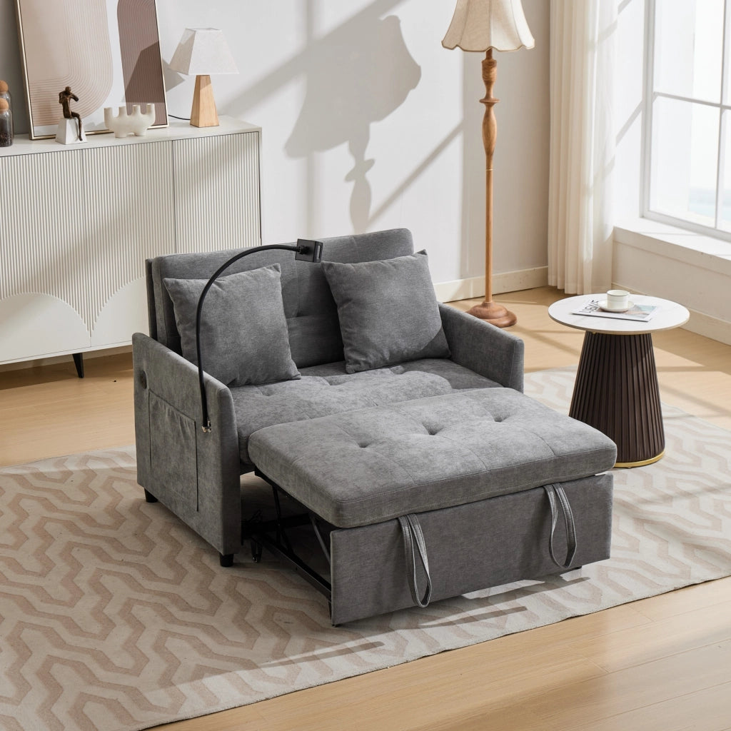 Divano convertibile con porta USB e supporto tablet in tessuto lino spazzolato per studio grigio 109 × 72 × 83,5 cm