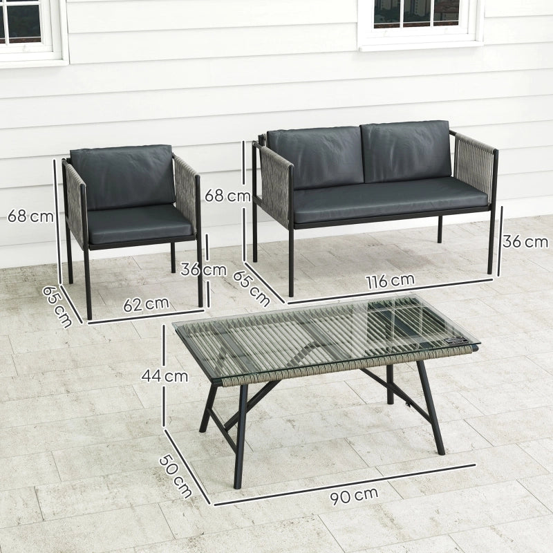 Set da balcone a 4 pezzi con 2 poltrone, divano a 2 posti e tavolino in rattan resistente ai raggi UV grigio
