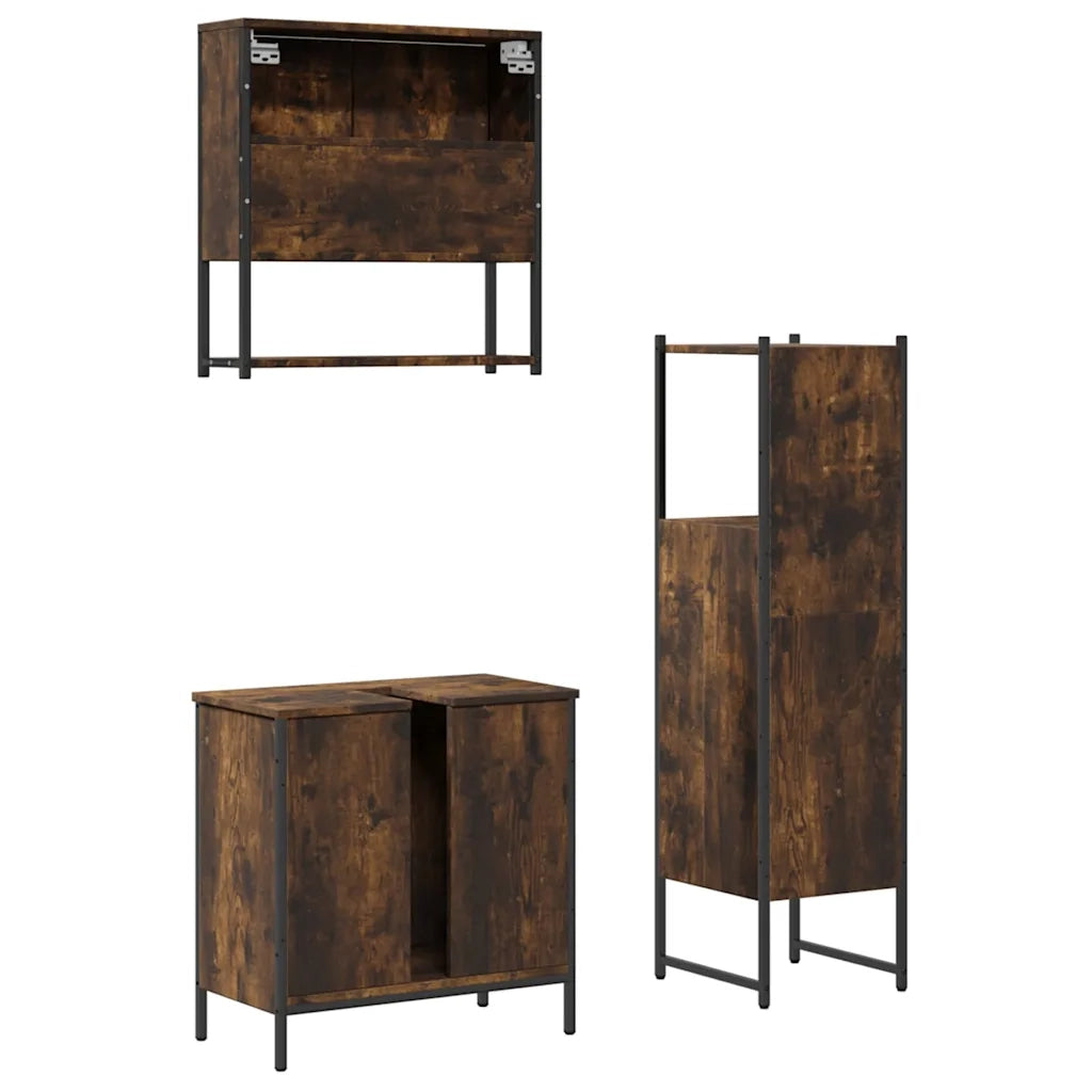Set Mobili da Bagno 3 pz Rovere Fumo in Legno Multistrato