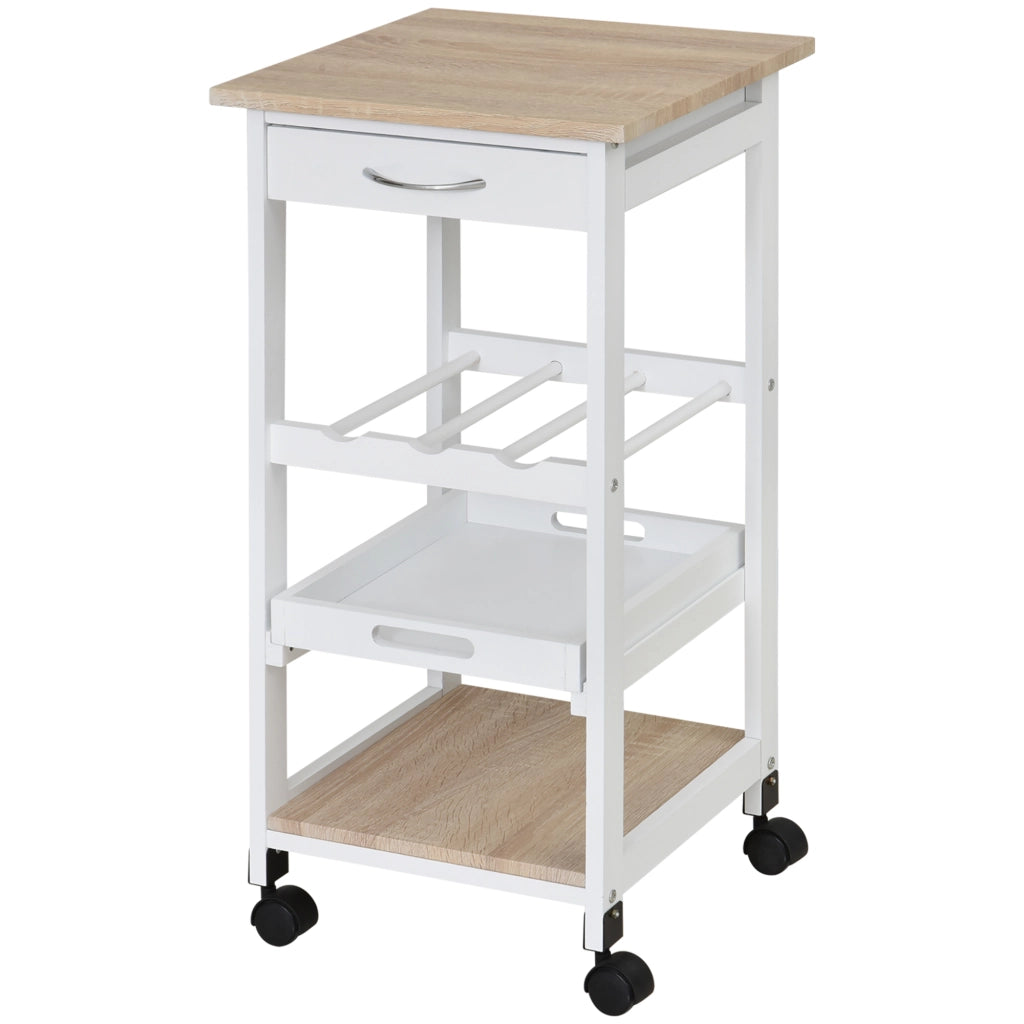 Carrello da cucina con ruote ¨C Minimal ¨C 2 ripiani, piano estraibile, cassetto, legno di pino bianco